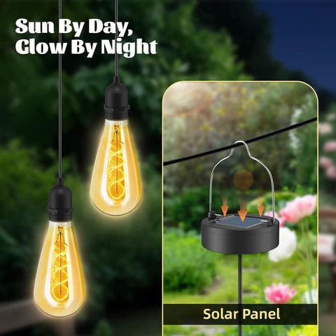 Two Pack Hanging Solar Lights With Glass Edison Bulbs Solar Powered Lanterns Outdoor Waterproof LED Garden Decor solar panel