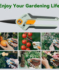 All In One Pruning Shears And Garden Scissors Set For Pros And Diyers shown cutting fruits, vegetables, and flowers