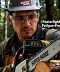 Shop Ready 12 Pack Safety Glasses For The Daily Hustle And Sports, Ansi Z87.1 Rated, worn by a worker using a chainsaw.