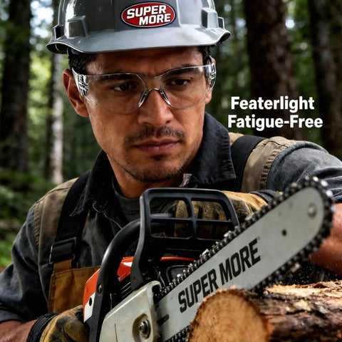 Shop Ready 12 Pack Safety Glasses For The Daily Hustle And Sports, Ansi Z87.1 Rated, worn by a worker using a chainsaw.