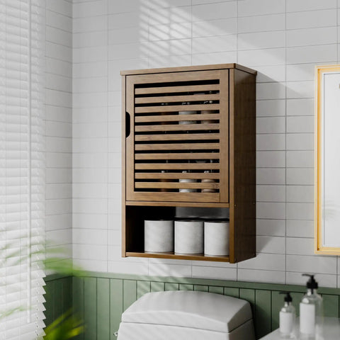 Over Toilet Wall Mount Medicine Cabinet With Adjustable Shelf And Open Bottom Storage, Single Door, Walnut Finish in bathroom