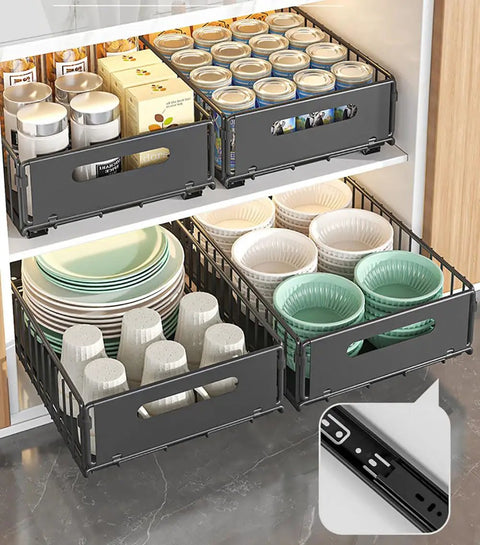 Heavy Duty Slide Out Cabinet Organizer Pair, Tough Carbon Steel Drawer Rack For Pantry Storage, Smooth Operator Kitchen Drawer Slides, Zero Hassle Two Pack Space Saver For Snug Cupboards And Cabinets