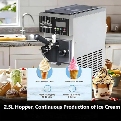 Heavy Duty Single Flavor Commercial Soft Serve Ice Cream Maker 450W with 2.5L hopper for continuous production in kitchen.