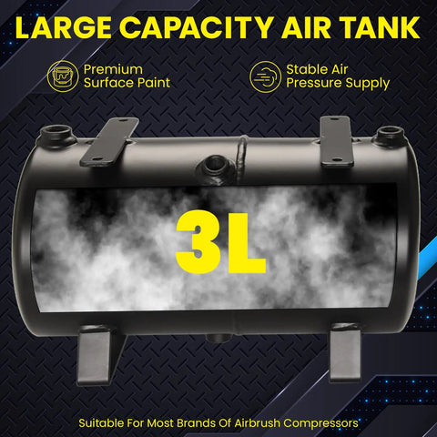3L Dope Air Tank Kit With Adapters For DIY Airbrush Setup, black storage tank with smoke and bold 3L text, auto start stop switch