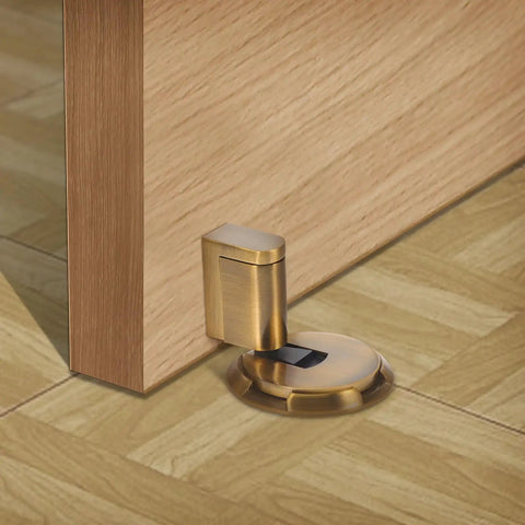 Adjustable Door Stop With No Drill Or Adhesive Mounting, Easy Install Heavy Duty Zinc Alloy Wall Protector, brass finish on door
