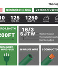 Specifications of Green Outdoor Extension Cord 200 Ft 16 Gauge 3 SJTW Weatherproof Heavy Duty Cable With 3 Prong Plug