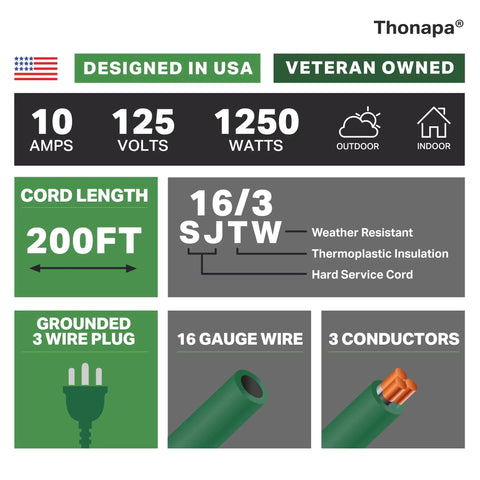 Specifications of Green Outdoor Extension Cord 200 Ft 16 Gauge 3 SJTW Weatherproof Heavy Duty Cable With 3 Prong Plug