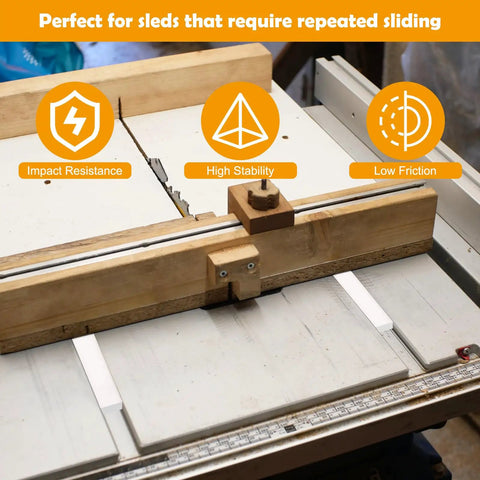 Four Piece Crosscut Sled Kit For Table Saw With Predrilled Holes And 25 Screws, UHMW Durable Sliders in use on table saw