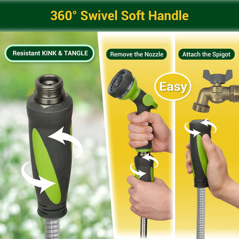 Heavy Duty Metal Garden Hose 50 Ft With Swivel Handle And 8 Function Nozzle Flexible No Kink 304 Stainless Steel Construction For Outdoor Yard And Garden Use Weatherproof Durable Interlocked Steel Design For All Weather Use, 360° swivel handle