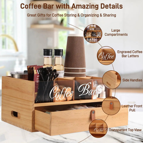 Slick Two Tier Coffee Bar Organizer With Clear Acrylic Window Top And Built In Drawer, Compact Countertop Storage Box For Coffee Pods And Mugs, Dope Kitchen Counter Setup For Your Morning Brew Routine showing compartments and coffee accessories.