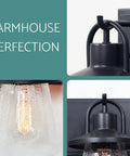 Close-up of 24-Inch 3-Light Modern Farmhouse Vanity Light with seeded glass shade and bold black finish, demonstrating farmhouse style.