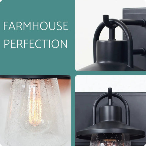 Close-up of 24-Inch 3-Light Modern Farmhouse Vanity Light with seeded glass shade and bold black finish, demonstrating farmhouse style.
