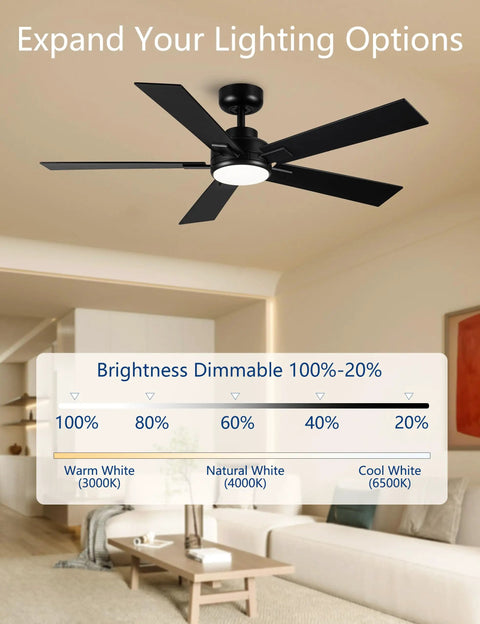 52 Inch Black Outdoor Ceiling Fan With Light And Remote in living room, showcasing dimmable brightness options and color temperatures.