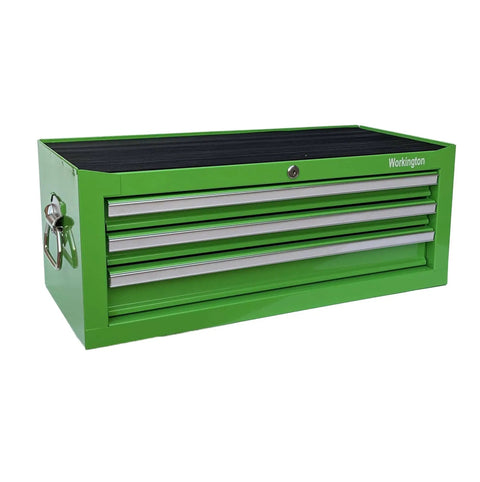 Beefy Three Drawer Portable Metal Tool Chest Built Heavy Duty With Ball Bearing Slides And Central Cam Lock 26 Inch Middle Cabinet Steel Tool Storage Box Organizer In Green