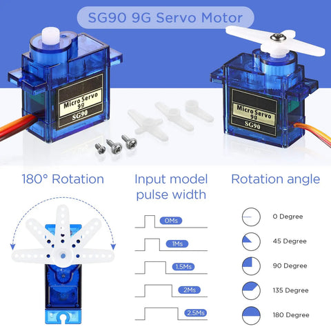 16 Pcs SG90 9G Mini Micro Servo Motors RC Servo Kit For Robot Helicopter Airplane Car Boat Control displayed with components