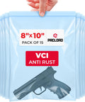 Heavy Duty Reclosable Poly Bags 8x10 Inches Pack of 15, 4 Mil Thick, Rustproof Shield With Vapor Corrosion Inhibitor, Fits Metal, Electronics, Machinery, Automotive Parts, Waterproof Packaging for Long-Lasting Protection. 8x10 VCI bag with handgun