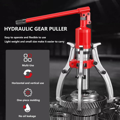 Beefy 50 Ton Hydraulic Gear Puller With 3 Jaw Or 2 Jaw Setup, showing use on gears with red handle and silver jaws