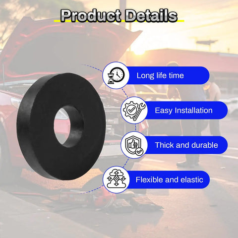 Heavy Duty Rubber Spacers And Anti Vibration Pads 16 Pack Badass Bolt Cushions For Auto Rigs Boats And Home Systems Durable black round rubber pad with a central hole.