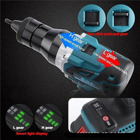 No Sweat Cordless Rivet Nut Gun M3 Through M12 Rechargeable Handheld Riveter showing L and H gear settings and smart light display.