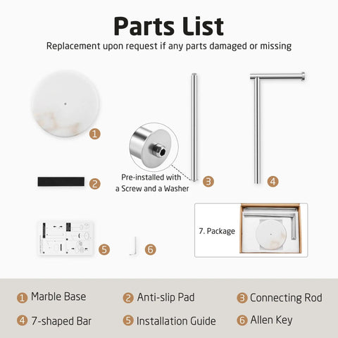 Freestanding Toilet Paper Holder With Unique Marble Base parts list including marble base, steel rod, and installation kit.