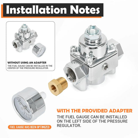 Diagram showing installation of Adjustable Fuel Pressure Regulator With Gauge For Holley And Edelbrock Carburetors Dial In 4.5 To 9 PSI