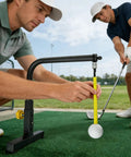Two men practicing with Backyard Golf Swing Training Aid With Adjustable Height Alignment Stand Realistic Swing Simulator.