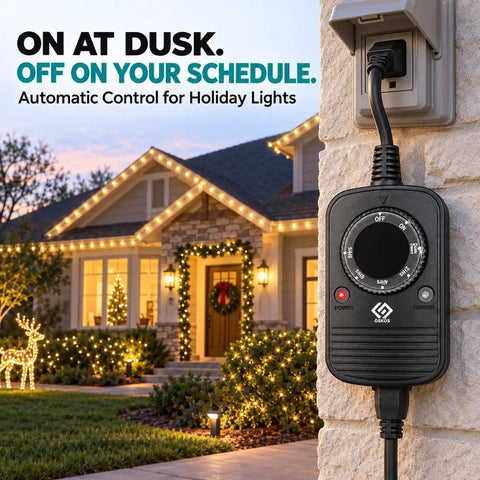Programmable Outdoor Light Timer Featuring Automatic Dusk To Dawn Photocell Sensor And Flexible 2 4 6 8 Hour Cycles weatherproof timer on a house exterior.