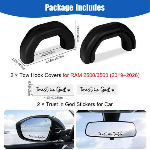 Custom Molded Silicone Tow Hook Covers For Ram 2500 3500 2019 2026 Front Tow Hitch Cover Black 2 Piece Set Package Includes