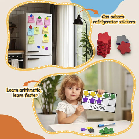 Child using Magnetic Ten Frame Set 74 PCS for Kids Ages 5 to 7, practicing math on a soft whiteboard with colorful magnetic counters