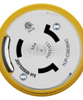 Top Shelf Heavy Duty 50 Amp Generator Cord With Twist Lock Female Plug 125 To 250 Volt Industrial Grade Grounded Cable 12500 Watt Output top view of twist lock plug with yellow casing and 50A rating