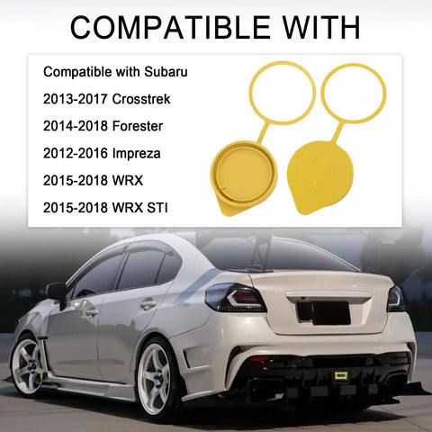Image showing product compatibility for Windshield Washer Fluid Cap Replacement Direct Fit OEM 86615FJ000 For Subaru models with yellow cap.