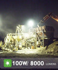 Led Rechargeable Work Light, 100W Rechargeable Floodlights Portable Le illuminating a construction site at night with 8000 lumens.