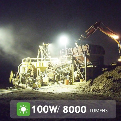 Led Rechargeable Work Light, 100W Rechargeable Floodlights Portable Le illuminating a construction site at night with 8000 lumens.