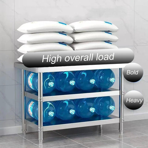 Rock Solid Workbench With Adjustable Shelves And Three Tier Open Storage Packing Station with stacked pillows and water bottles.