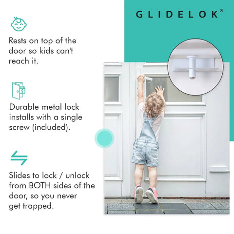 Child reaching for door with 2 Pack Child Safety Door Top Lock For Interior And Exterior Doors Locks From Both Sides Keep Kids Pets Dogs And Cats