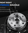 Front Right Steering Knuckle with visible metal wheel bearing hub assembly in black and silver, highlighting assembly details.