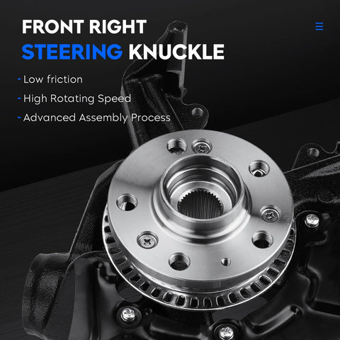 Front Right Steering Knuckle with visible metal wheel bearing hub assembly in black and silver, highlighting assembly details.