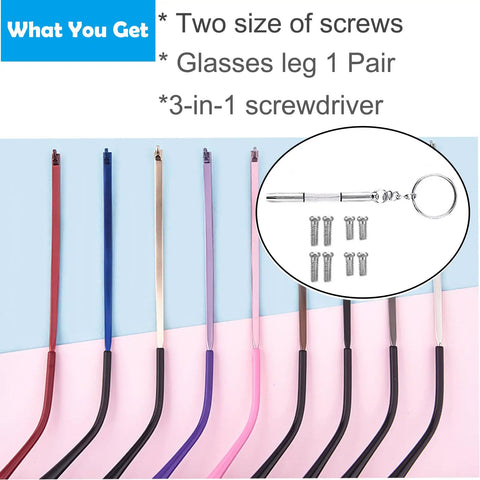 Heavy Duty Metal Glasses Replacement Temples With Screws Universal Eyeglass Arms For DIY Repair, assorted colors and screws.