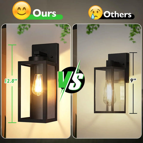 Comparison of 12.8-inch and 9-inch Weatherproof Outdoor Wall Light Fixtures 2 Pack Modern Matte Black Sconces With Glass Shades.