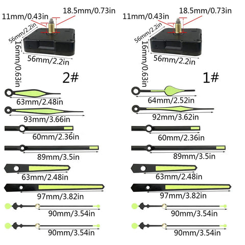 Quartz Clock Movement Kit For Repair And Replacement With Short Shaft, showing two sets of clock hands, sizes labeled for DIY use