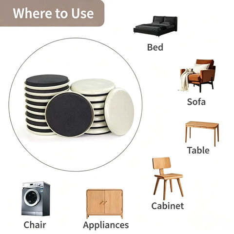 Big Pack Of 8 Heavy Duty Furniture Sliders To Glide Couches On Carpet And Wood Floors, shown on various furniture types.