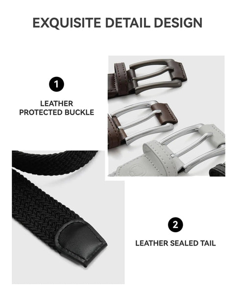 Two Pack Men Stretch Belts No Holes One And Three Eighths Inch Braided Elastic Casual Belts For Jeans And Pants All Day Comfort