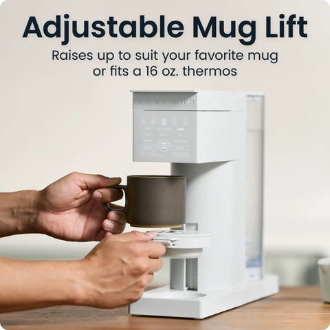 Single Serve Coffee Maker With Brew Strength And K Cups Or Grounds Compatibility, Iced Coffee Function, 48 Oz Removable Water Reservoir, TripleStream Technology For Rich Flavor And Quick Brew showing adjustable mug lift feature