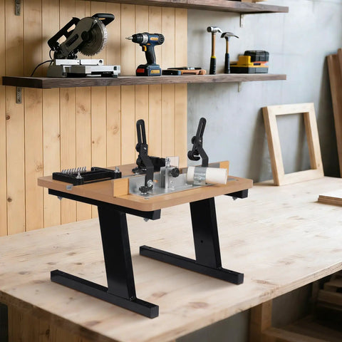 Solid Build Router Table With Heavy Duty Stand And Adjustable Fence Premium Mdf Workbench shown on wooden surface in workshop.