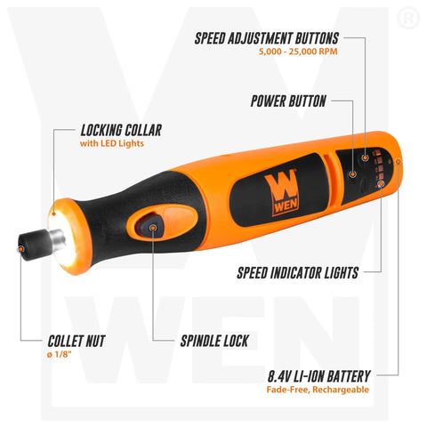 Cordless Rotary Tool Kit With 7.2V Li Ion Power, Variable Speed From 5,000 To 25,000 RPM showing speed adjustment, power button.