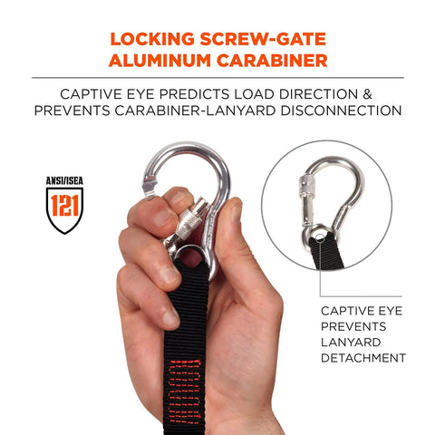 Hand holding Squids 3105 Tool Lanyard With Aluminum Screw Lock Carabiner For No Snag Secure Attachment, Black, ANSI ISEA 121-2018 Certified