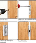 Installation process of 16 Pack Closet Door Ball Catch Set with Adjustable Ball Catches, Strike Plates, and Screws on wooden door.
