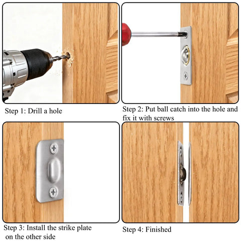 Installation process of 16 Pack Closet Door Ball Catch Set with Adjustable Ball Catches, Strike Plates, and Screws on wooden door.