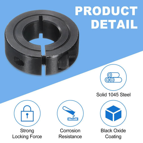 Two Pack Single Split Shaft Collar With 5/8 Inch Bore, 1-5/16 Inch Outer Diameter, 7/16 Inch Thick, Black Oxide Lock Collar Clamp With Set Screws, 1045 Steel, product detail view