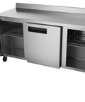 Heavy-Duty 72 Inch Commercial Refrigerator Featuring Three Door Stainless Steel Worktop Design With Reinforced Backsplash And Top Shelf 16.9 Cubic Feet Cool Storage Capacity with two open doors showing shelves.